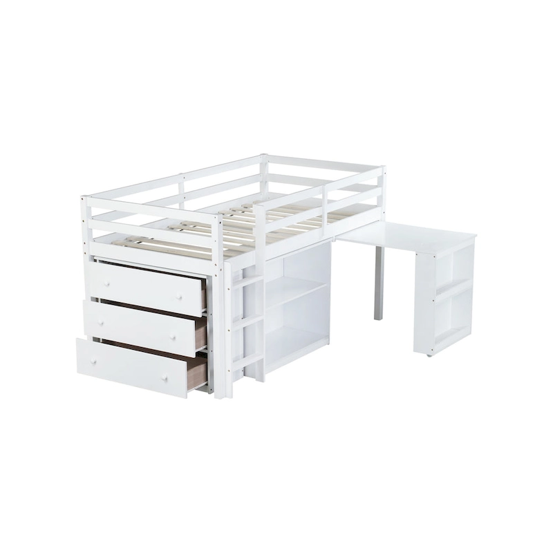 Twin Loft Bed with ,Drawer Cabinet, Shelf Cabinet and Pulling -Out Desk,Rubber Wood Loft Bed with Safety Guardrail ,Ladder,Grey