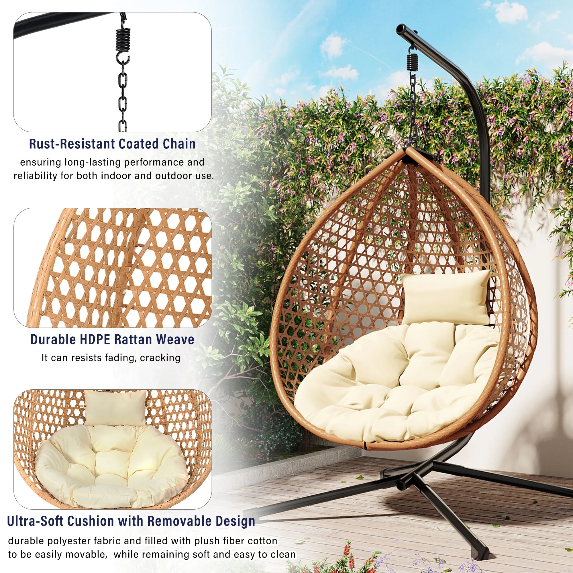 Rattan Weaving Hanging Egg Chair with Stand and Soft Removable Cushion