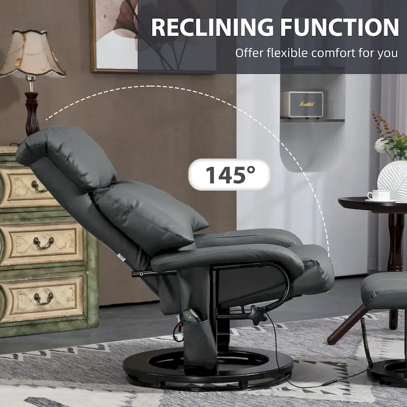 HOMCOM Massage Recliner Chair with Ottoman, 360 Swivel Recliner and Footstool, PU Leather Reclining Chair, Gray