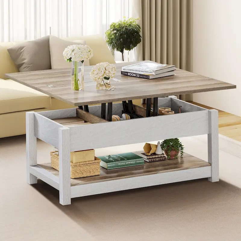 Moasis Farmhouse Lift Top Coffee Table Expandable Tabletop with Hidden Storage and Shelf for Living Room