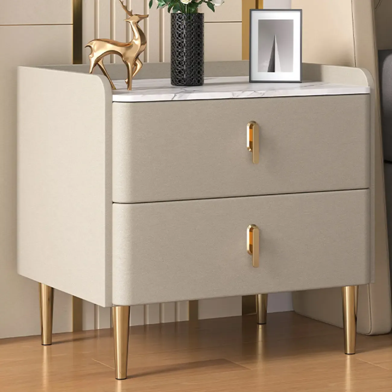 Modern Stone Top Leather Drawers Nightstand with Golden Legs
