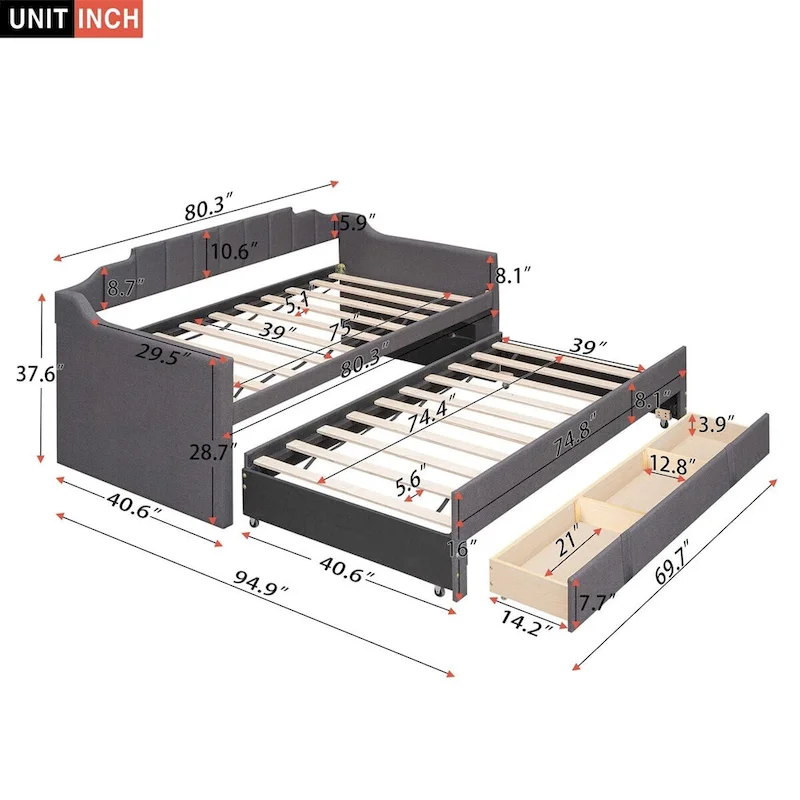 Merax Twin Upholstered Daybed with Trundle, 3 Drawers