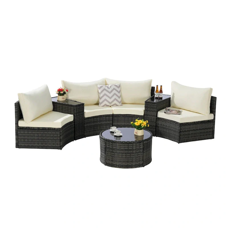 7-Piece Half-Moon Sectional Sofa Set with Glass Table