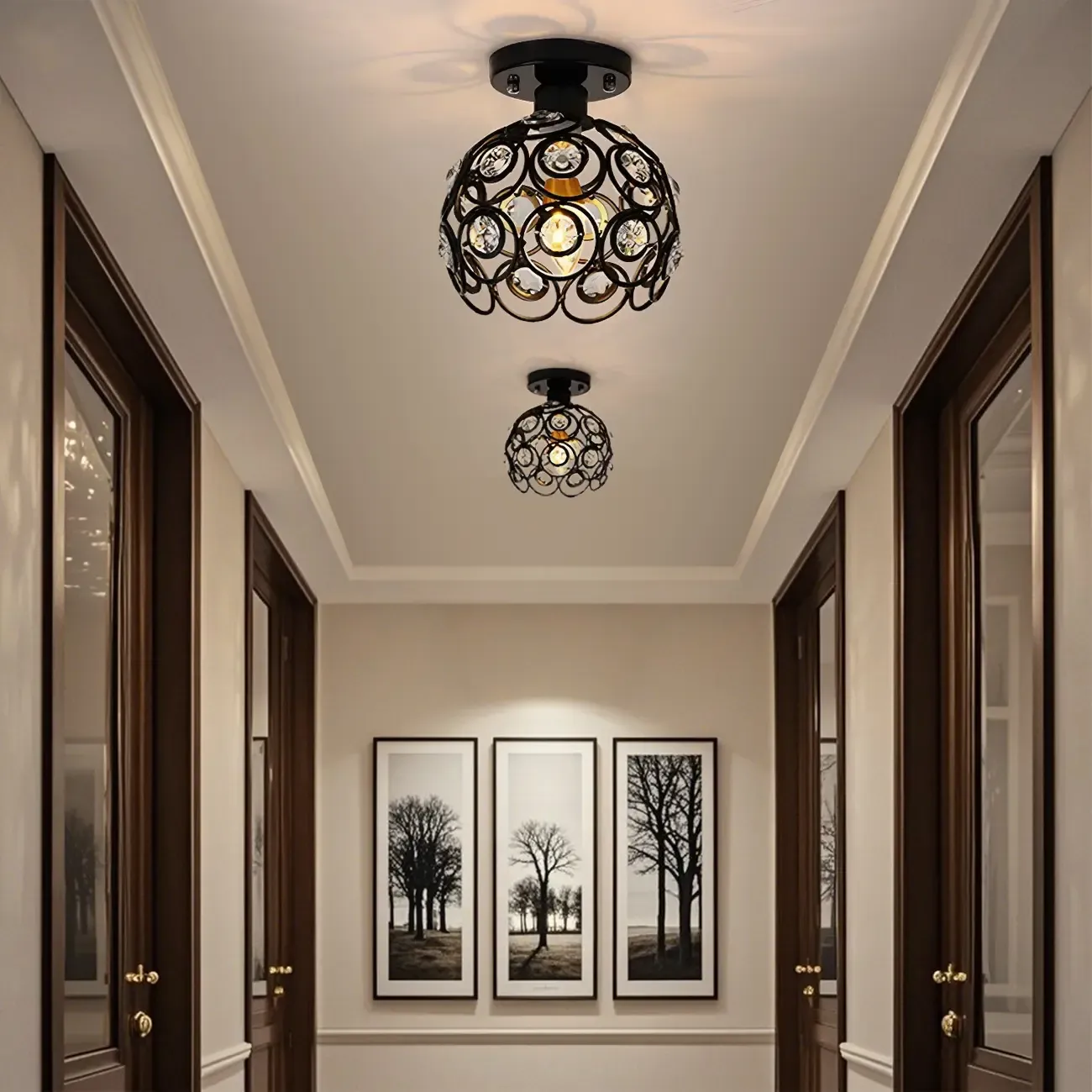 Industrial Hollow Dome Semi Flush Ceiling Light with Crystal