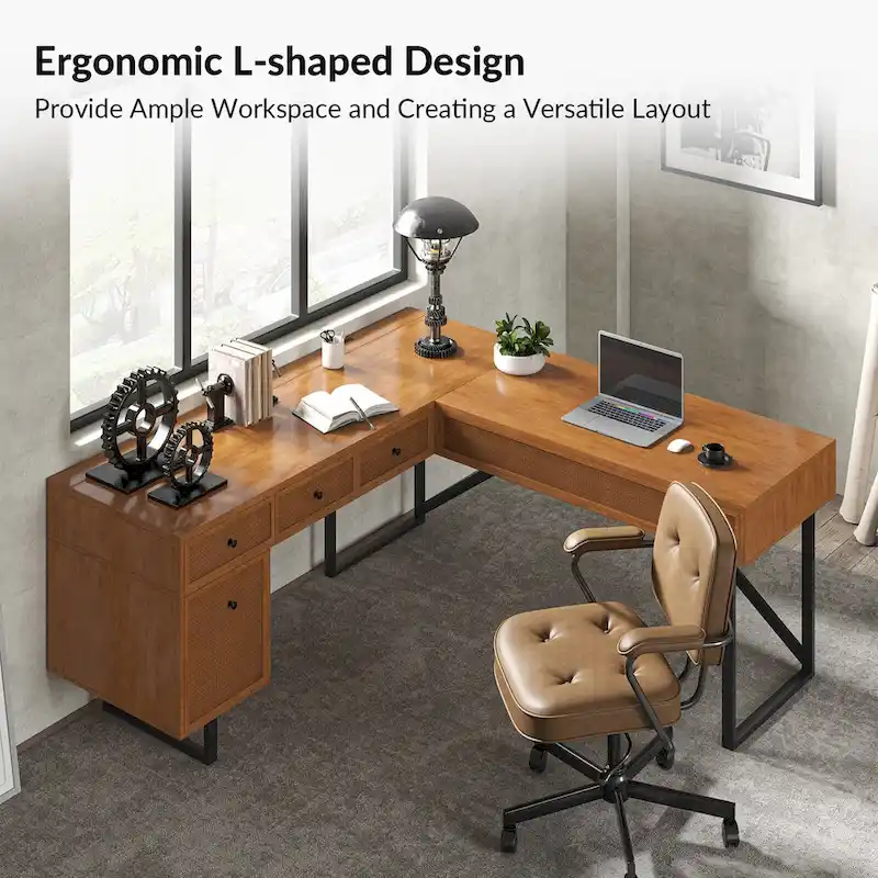 Alfons Industrial L-shaped Lift Top Cane Executive Office Desk with Drawers and Built-In Outlets