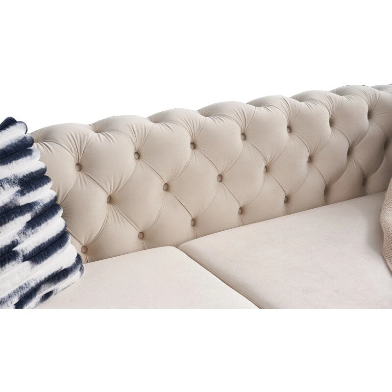84.25 Velvet 3-Seater Sofa with Button Tufting, Gold Metal Legs, Pocket Spring And Foam Cushioning, 700 lb Capacity