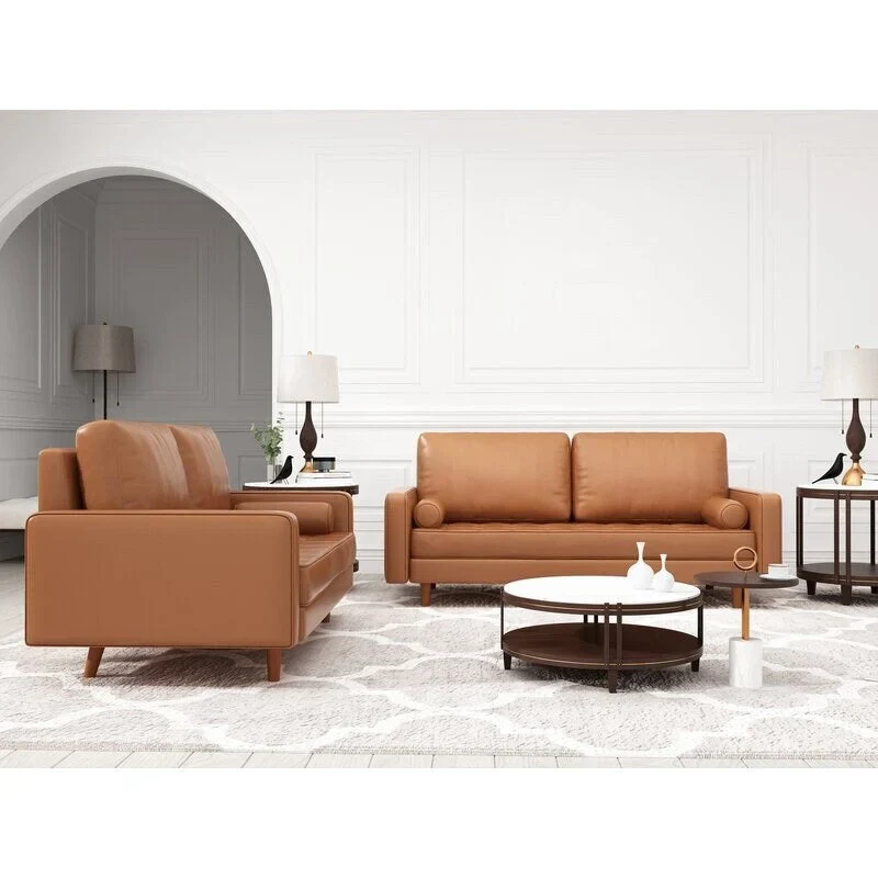 2 Piece Mid-Century Square Arm Leather Sofa Living Room Set - Sofa Width:70 &Loveseat Width:58