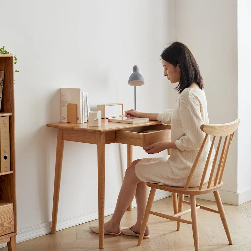 Natural Wood Study Desk with Drawer - Single Person (80cm)