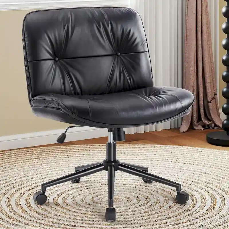 Criss Cross Chair with Wheels, Legged Home Office PU Leather Wide Armless Desk Seat, Rolling Ergonomic Comfy Vanity Seating