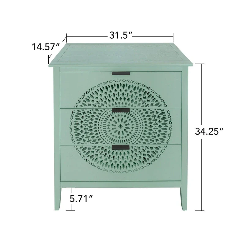 Hollow-Carved 3-Drawers Nightstand with Metal Handles