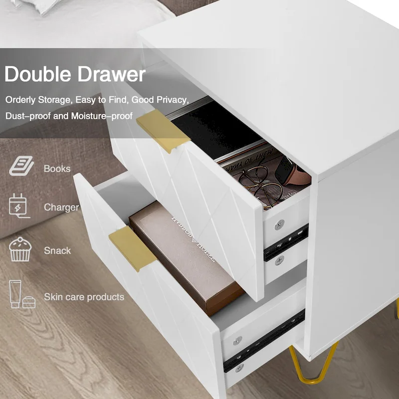 Set of 2 Nightstand 2 Drawer End Side Table Bedside Metal Legs Modern Bedroom Living Room