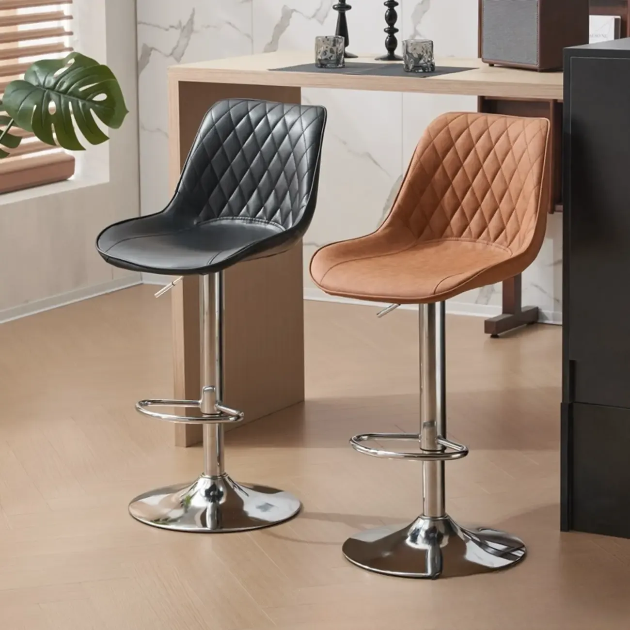 Chic Leather Tufted Swivel Adjustable Bar Stool