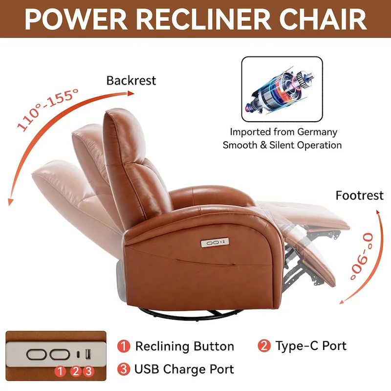 Blue Genuine Leather Power Recliner with Swivel & USB Charging
