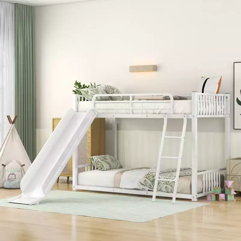 Modern Style Twin over Twin Metal Bunk Bed with Slide, Easy to Assemble