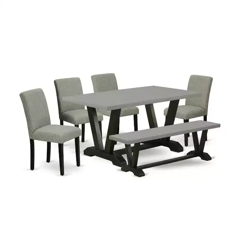 HomeStock 6-Pc Rectangle Natural Oak Finish Solid Wood Top Dining Table with 1-Bench, 4-Chairs