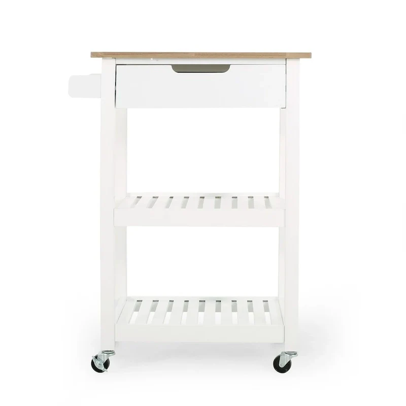 Compact Wooden Kitchen Cart with Wheels Shelves and Drawer