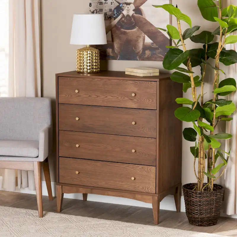 Landis Mid-Century Modern Ash Walnut Finished Wood 4-Drawer Chest