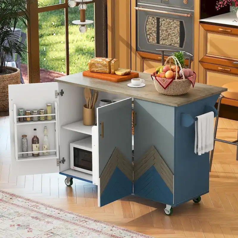 51 in. W Kitchen Island Retro Drop-Leaf Desktop on 4 Wheels with Internal Storage Rack and Towel Rack
