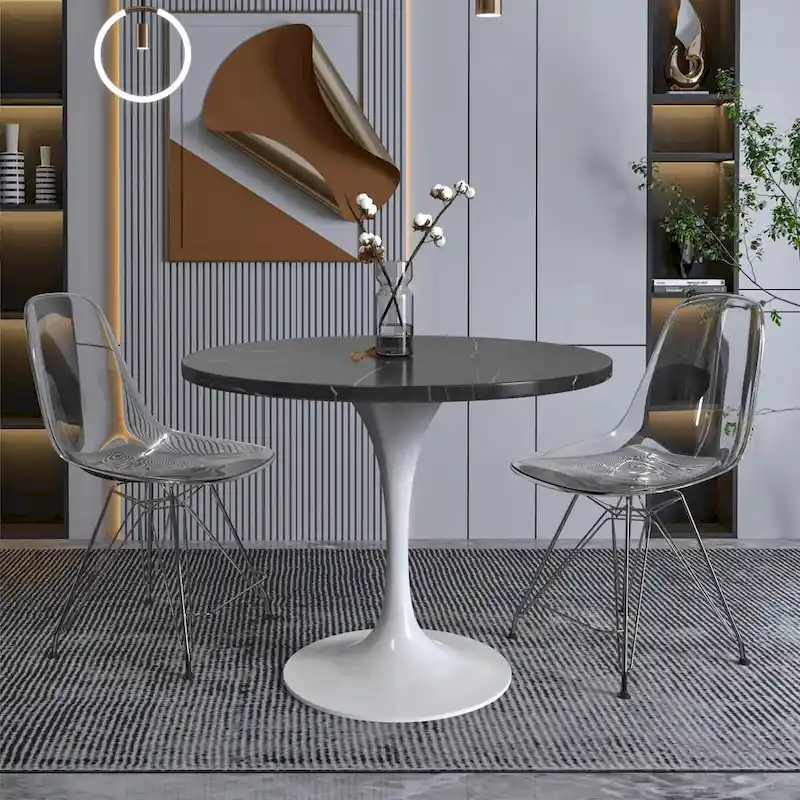 Verve Dining Table with a 36  Round Tabletop in White Steel Pedestal