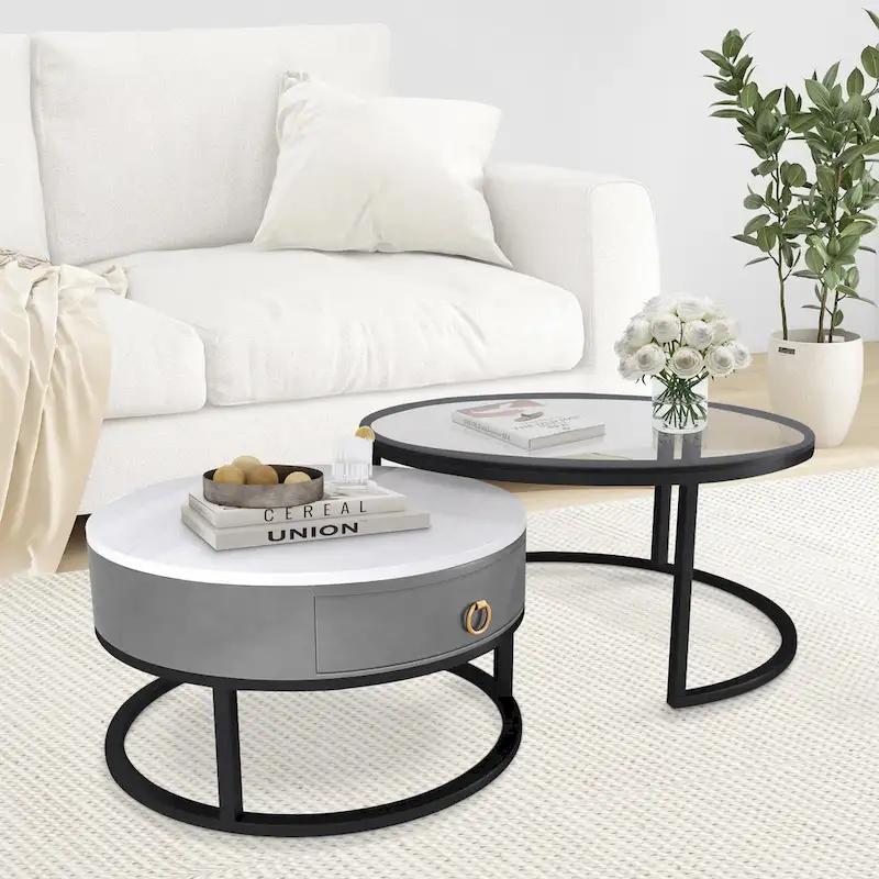 Modern Glass Waterproof Round Nesting Coffee Table with Drawer