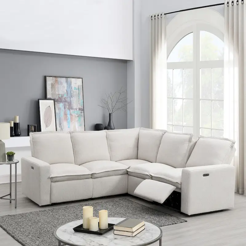 Linen L-Shaped Sectional Sofa with Power Recliners & USB