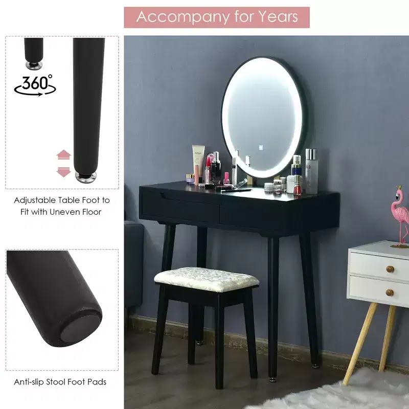 Costway Vanity Makeup Table Touch Screen 3 Lighting Modes Dressing Table Stool Set White\Black\ Gray