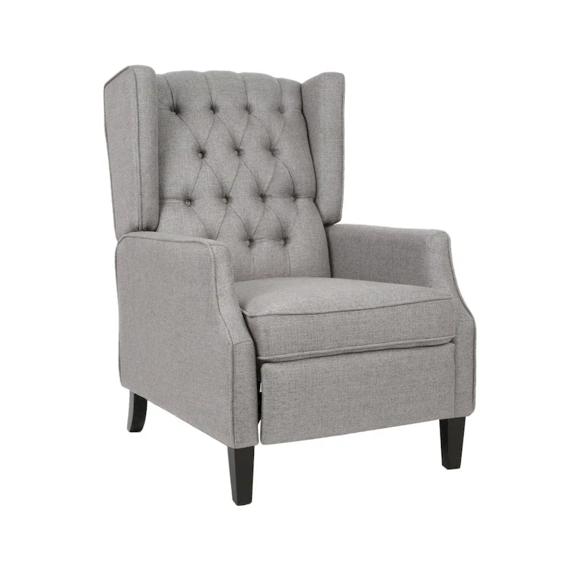Grey Fabric Mid-Century Upholstered Wingback Push-Back Recliner with Footrest and Button-tufted Backrest