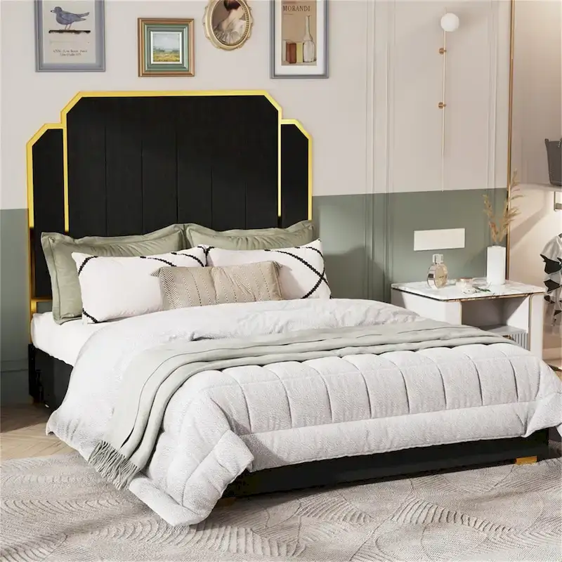 Queen Size Bed Frame and 59.06 Headboard with Golden Plating Trim