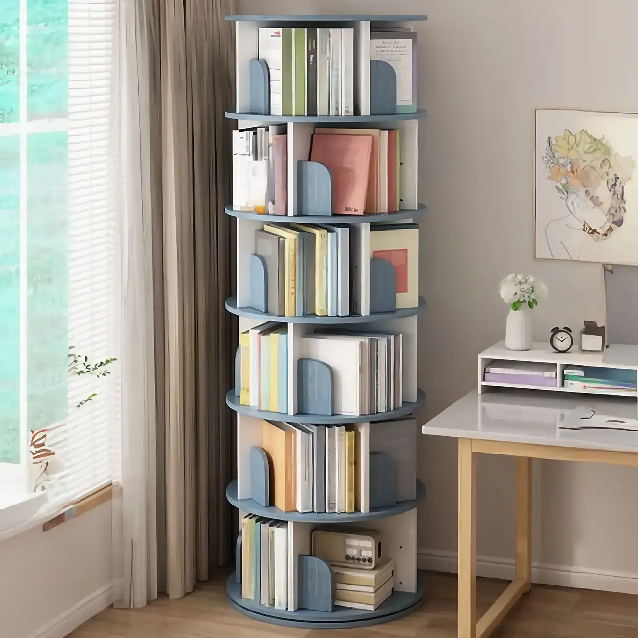 Brown Cylindrical Wooden Rotating Open-Back Bookcase