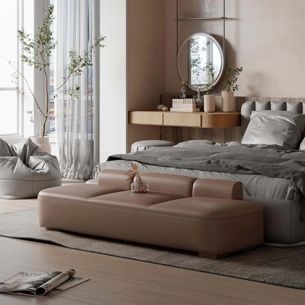 Modern Upholstered Leather Tufted Long Bedroom Bench