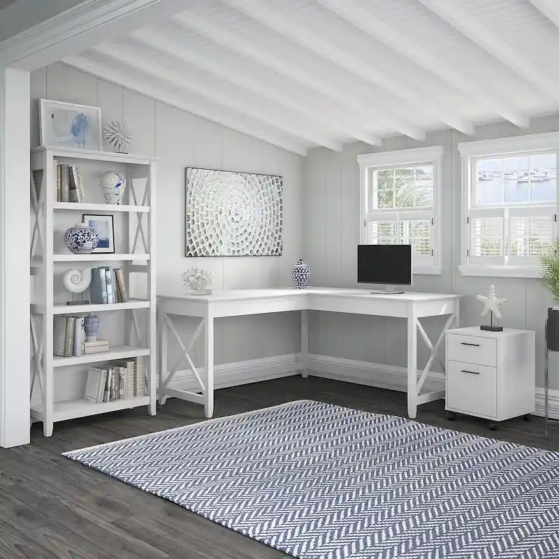 Key West 60W L Desk with File Cabinet and Bookcase by Bush Furniture