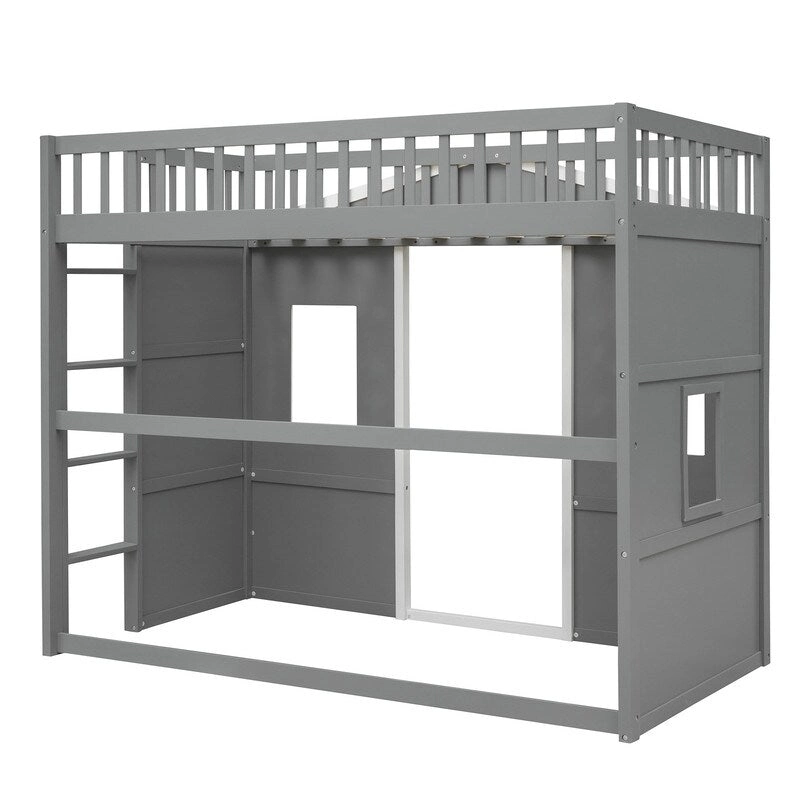House Loft Bed Twin Kids Playhouse Bed, Solid Wood Loft Bed Frame with Window and Ladder
