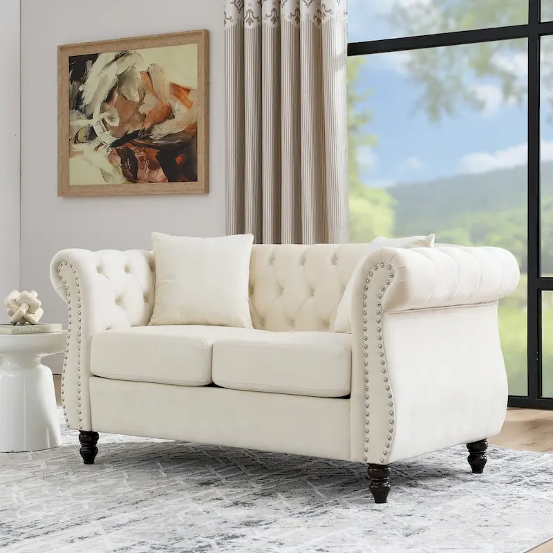 Beige Velvet Chesterfield Loveseat Sofa, Rolled Arms, Nailhead Trim