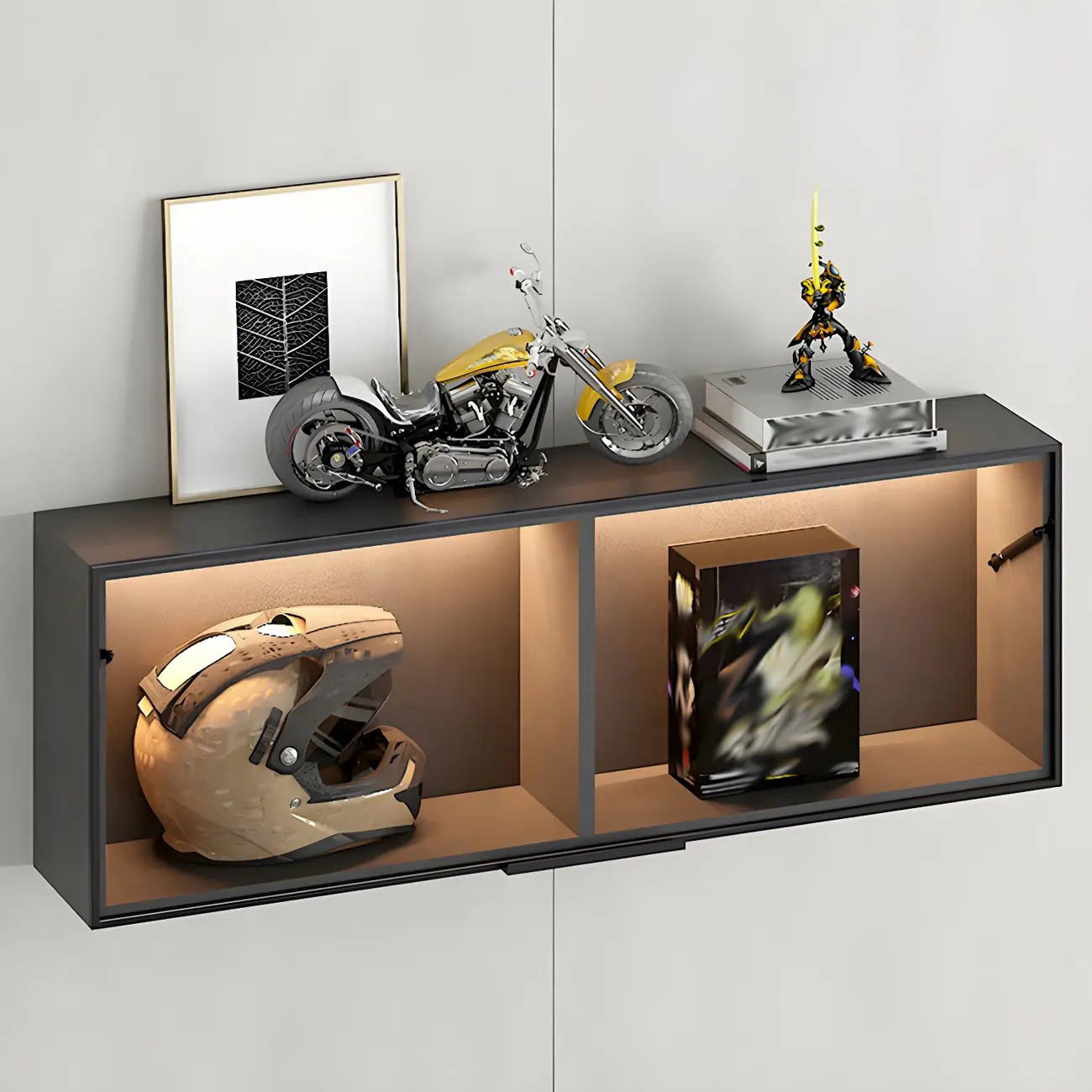 Black Wall Mount Wood 2-Cube Display Cabinet with Light