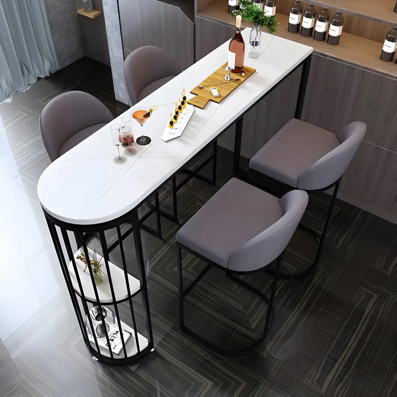 Modern Faux Marble Bar Table with Metal Frame for Kitchen