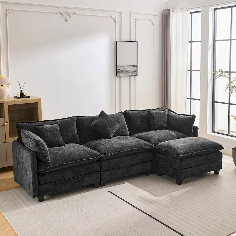 L-Shape Chenille Upholstered Sofa with Ottoman