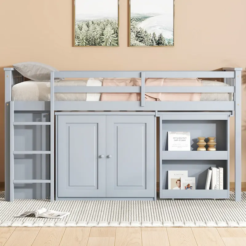 Twin Loft Bed with Pull-Out Desk, 2 Cabinets, 4 Drawers & Shelves