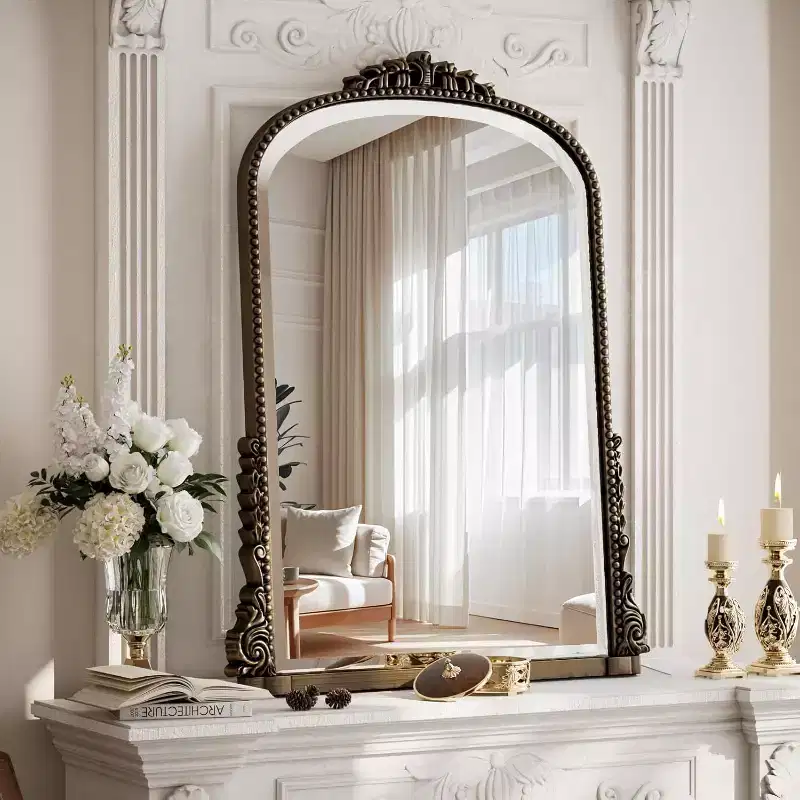 40x28 Wall Mirror, Arched Beaded Mirror with Metal Frame, Decorative Bathroom Vanity Mirror for Entryway, Bedroom, or Living Room