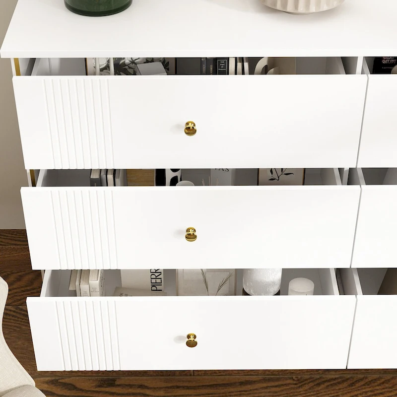 White Lacquer Dresser 6 Drawer Dresser with Metal Handle and Legs