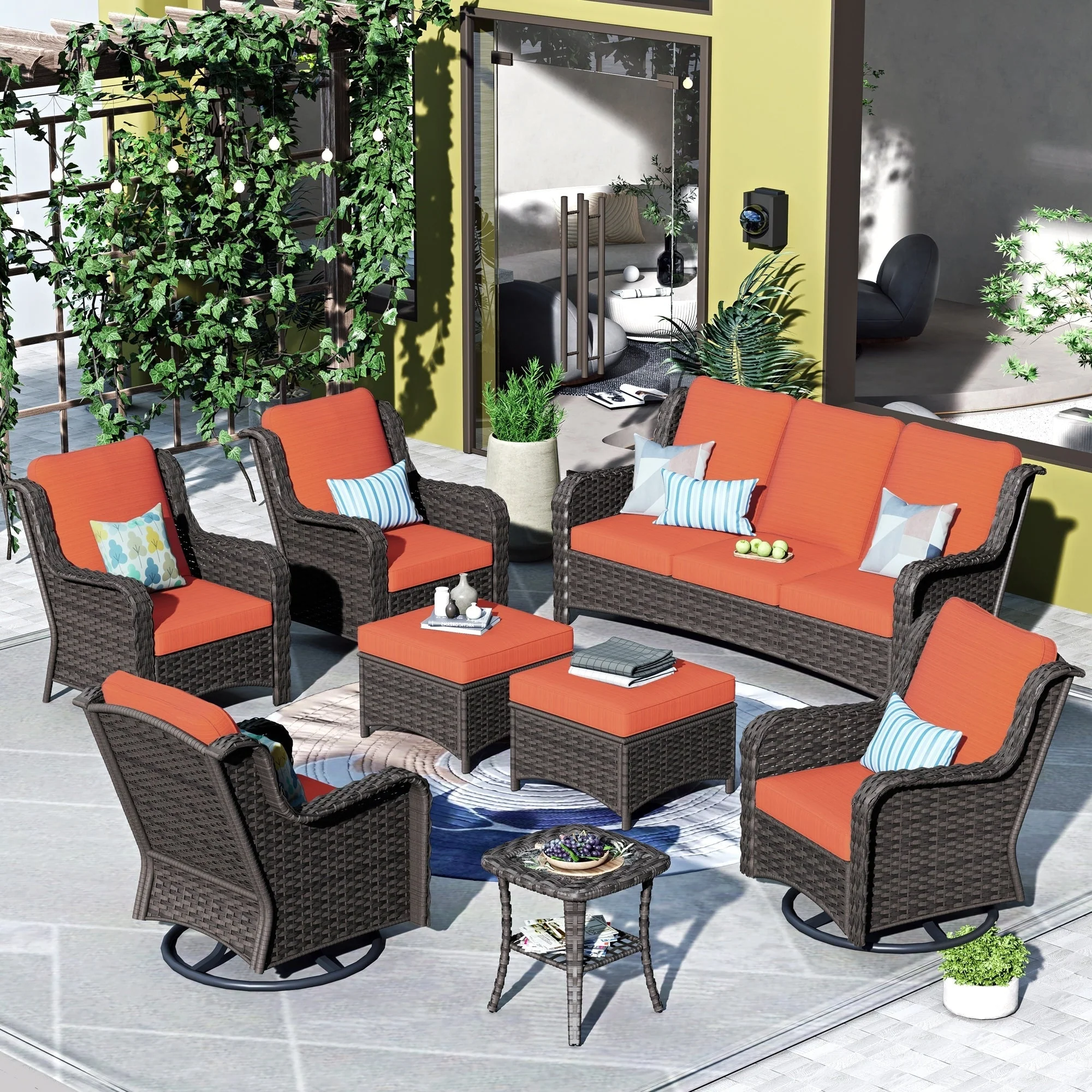 OVIOS 8-piece Patio Wicker Furniture Swivel Chair Set