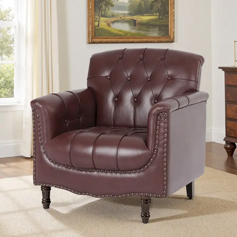 PU Leather Tufted Accent Chair with Nailhead Trim Armchair