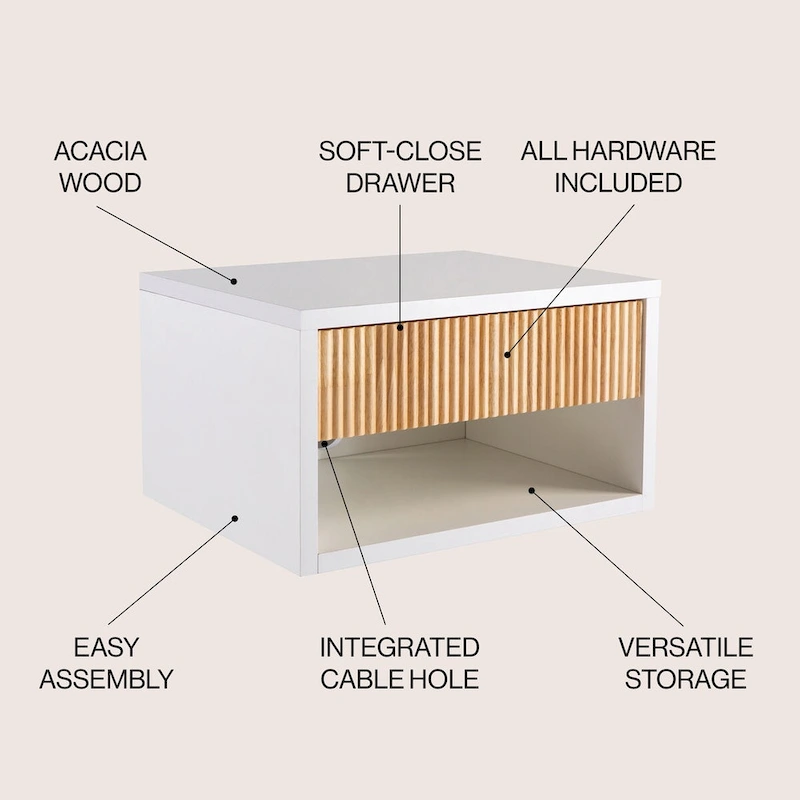 Ettore 15.71 Classic Contemporary Floating Wall Mounted Nightstand with Soft-Close Tambour Drawer and Cable Hole, by JONATHAN Y
