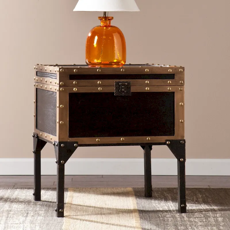 Trunk-Style Side Table with Storage – Antique Black / Bronze, MDF, Single