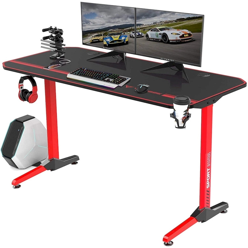 BOSSIN Ergonomic Gaming Desk T-Shaped Office PC Computer Desk with Full Desk Mouse Pad, Handle Rack, Cup Holder Headphone Hook