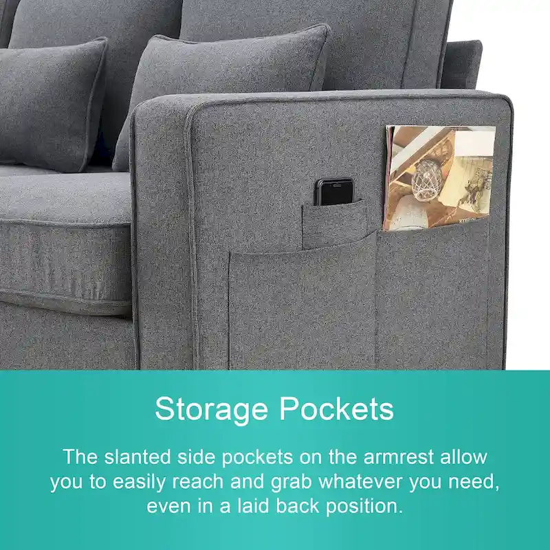 4-Seater Modern Linen Fabric Sofa with Armrest Pockets and 4 Pillows