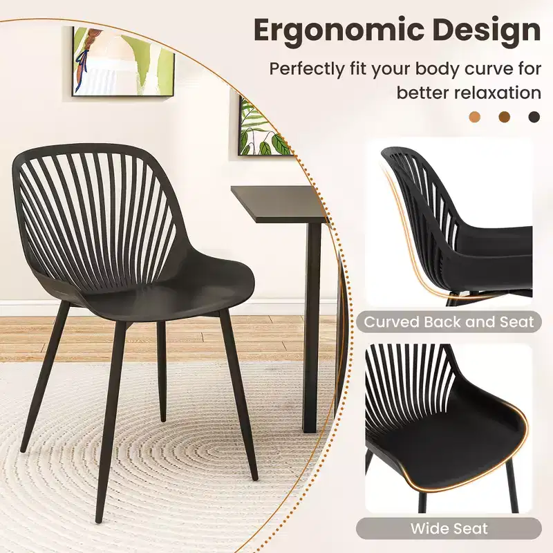 Plastic Dining Chair w/ Metal Legs Cutout Backrest Curved Seat