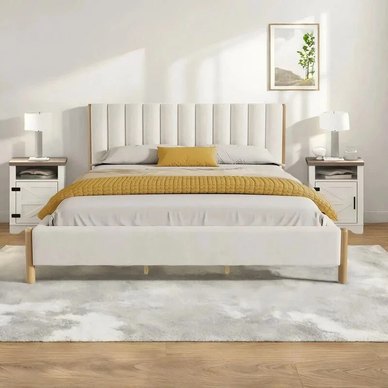 3-Pieces Bedroom Sets ,Bed Frame with Boucle Upholstered Thick Headboard, Solid Wooden Legs,Nightstands Set of 2 with Barn Door