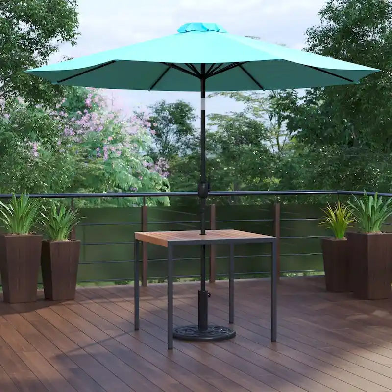 Black Steel Framed 35 Square Faux Teak Patio Table-Tan 9FT Patio Umbrella-Base