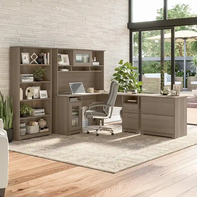 Cabot 60W L-Desk with Hutch, Cabinet and Bookcase by Bush Furniture