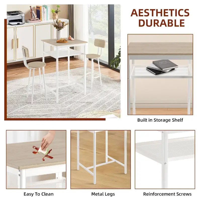 3-Piece Bar Table Set with Metal Shelf,Small Pub Table Set,Dining Set